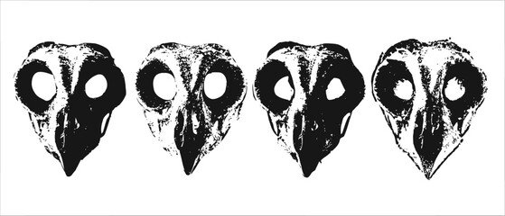 Obraz premium Four detailed raven skulls in black and white illustration with distinct hollow eye sockets and beaks