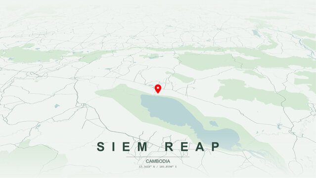 Modern minimalist vector map of Siem Reap, Cambodia. High-quality scalable illustration of Siem Reap city grid, Siem Reap River contours, and Angkor Wat archaeological park network for posters design.