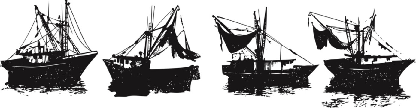 Vintage fishing boats silhouettes with nets raised on calm water, maritime ocean vessels illustration