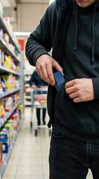 Man shoplifter hiding stolen product in pocket at supermarket. Criminal stealing item from store shelf. Illegal activity, petty theft concept. Prevention of retail crime and security control.