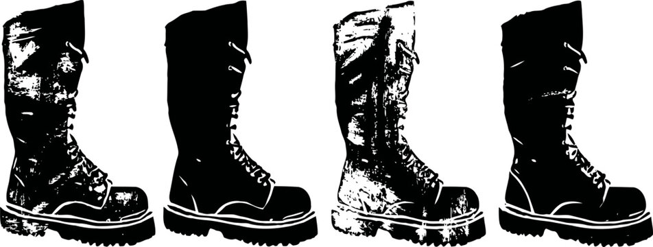 Black combat boots set with various worn textures and styles isolated on white background