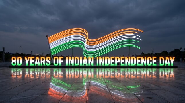 Indian independence day celebration with colorful light trails and reflection