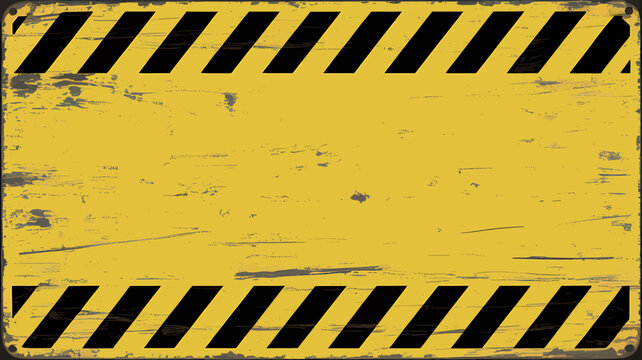 Worn yellow caution sign with black diagonal stripes showing signs of aging