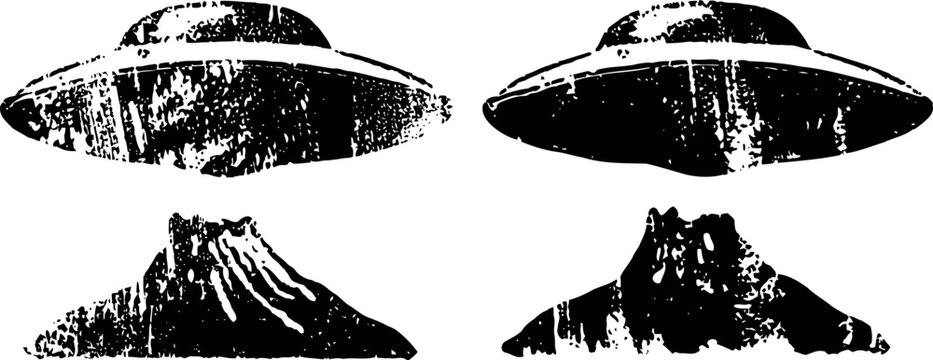Vintage black and white illustration of ufos flying over volcanic mountains isolated on white background