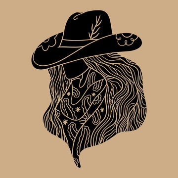 Grunge western cowgirl tattoo portrait vector, vintage gothic cowboy hat woman with cactus illustration, distressed hand-drawn dark folklore print for streetwear and t-shirt design