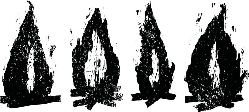 Black ink grunge flame icons set, fire silhouettes with rough textured brush strokes