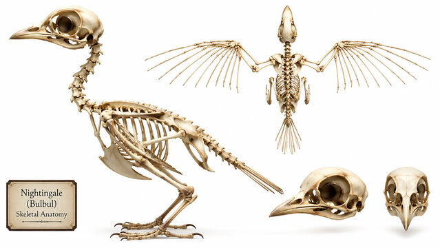 Nightingale Bird Skeleton Anatomy Scientific Illustration with Multiple Views