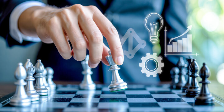 A person places a chess piece on a board with strategy icons floating above