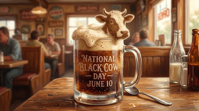 Whimsical Concept Art &ndash; Foam on Root Beer Float Forming Cow Head Silhouette (Horns, Snout) &ndash; Text Carved into Glass: National Black Cow Day June 10

