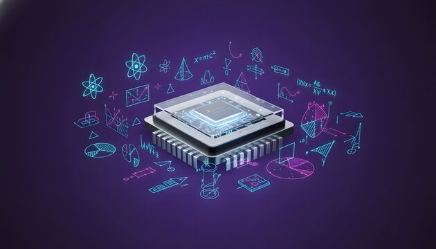 Quantum computing concept with a central processor unit surrounded by scientific equations and diagrams.