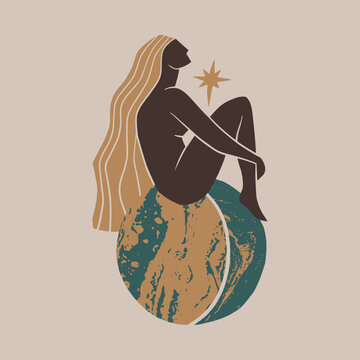 Abstract minimalist kundalini goddess vector, sacred feminine energy illustration, divine woman silhouette with spiritual symbols, modern esoteric line art for yoga and wellness branding clipart