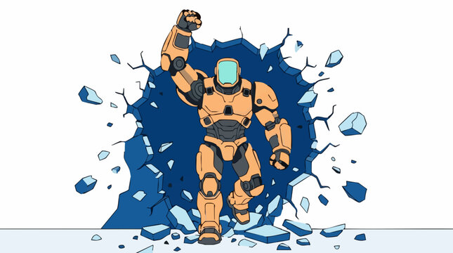Powerful orange robot breaking through a wall with debris