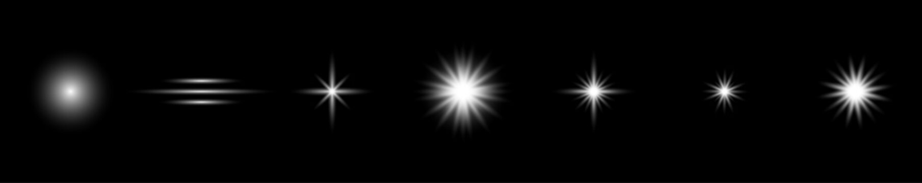 Horizontal collection of white light effects and starburst icons on black backdrop.