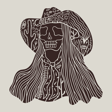 Grunge western tattoo style cowgirl illustration, badass girl skull vector with cowboy hat, wild west aesthetic graphic print, edgy vintage streetwear design