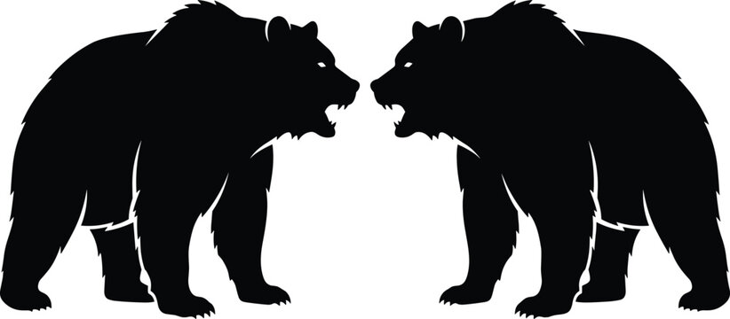 Two angry grizzly bears fighting silhouette vector icon, roaring wildlife predators face to face illustration, isolated aggressive animal logo