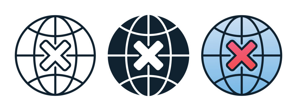 World Network Warning Icon with Globe and Error Symbol. Internet Disconnection. Vector Illustration