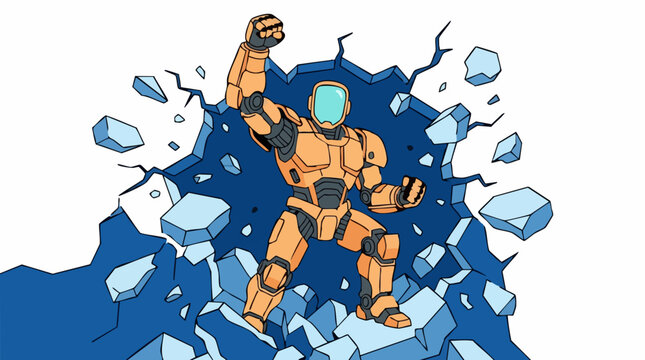 Powerful orange robot breaking through a blue wall, illustration
