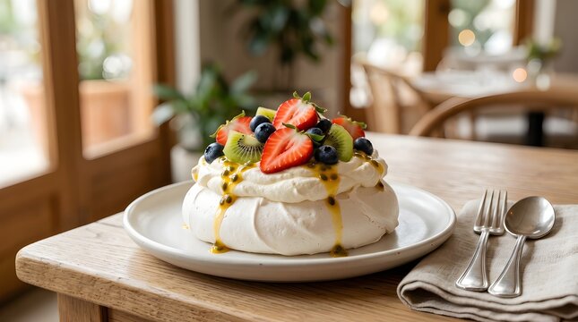 Light and airy pavlova topped with whipped cream, sliced strawberries, kiwi, blueberries and passion fruit sauce, presented on a white plate in a bright caf&eacute; setting &mdash; elegant, fresh, and indulgent.