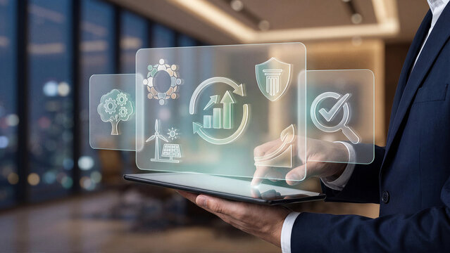 Businessman using tablet with sustainability hologram showing renewable energy growth and governance icons for ESG corporate strategy green business and responsible investment concept visuals