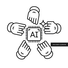 Obraz premium AI Technology Cooperation Concept Human Hands Around Processor Line Icon Vector