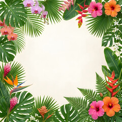 Fototapeta premium Tropical leaves and flowers border with copy space