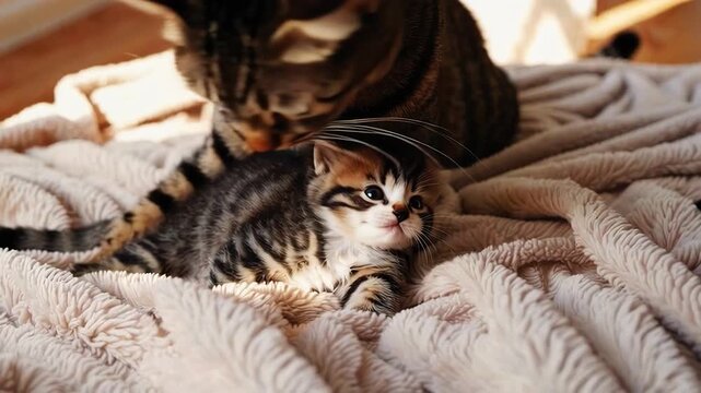 Mother cat grooming her tiny striped kitten in this heartwarming and adorable high definition motion footage
