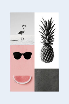 Creative collage showing a flamingo, pineapple, sunglasses, and watermelon on a light background