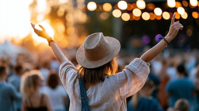 A European young people group viewed from behind celebrates softly at a bright outdoor music festival during a calm sunset festival celebration faceless back view bright