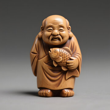 Wooden figurine of a happy monk holding a fish with intricate details  