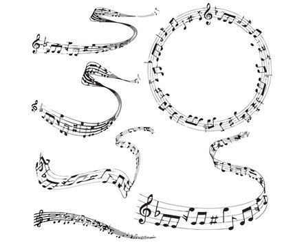 Musical notes on flowing staves, creative melody design elements