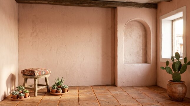 Mediterranean Inspired Interior With Terracotta Tiles Arched Niche And Potted Succulents In Warm Sunlight