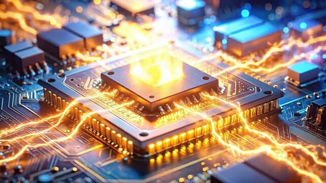 A glowing central processing unit on a complex electronic circuit board