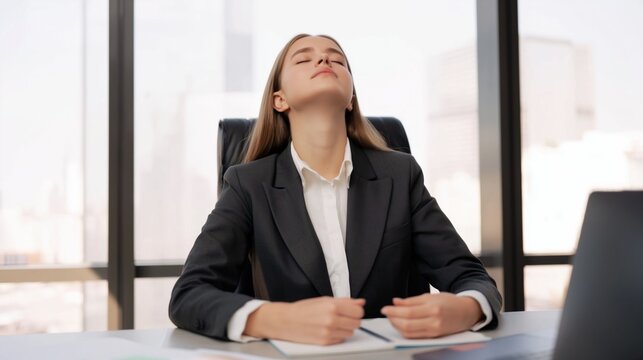 Young female employee meditating at work to reduce stress in busy open plan office