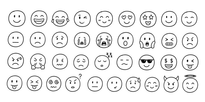 Hand drawn smiley faces and emotion expression icon set