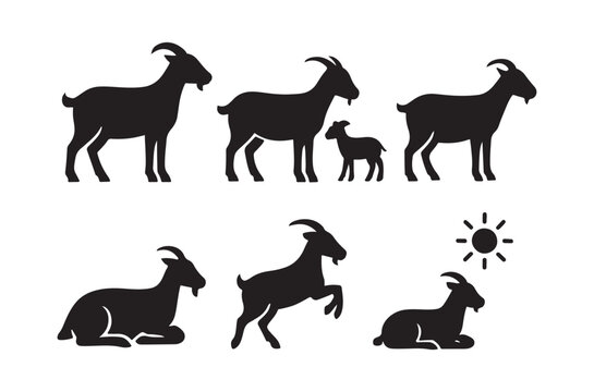 Goat silhouettes in black a collection of animal shapes on a white background