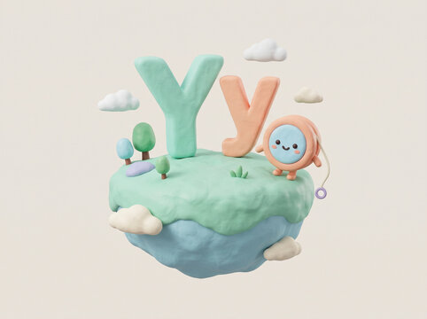 Cute 3D Clay Style Letter Y with Yo Yo Toy on Floating Island Educational Alphabet Illustration