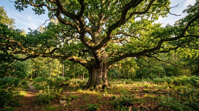 Ancient sprawling oak tree standing alone in golden meadow during summer sunset