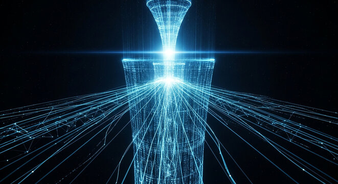 Futuristic data vortex flowing through digital network infrastructure concept illustration with technology abstract information streaming connection