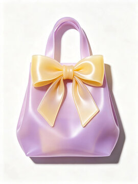 pearlescent lavender-pale yellow gradient glossy ceramic gift tote bags with matching satin bow ornament, clean solid pure white minimalist studio background, soft diffused natural shadow, wedding fav