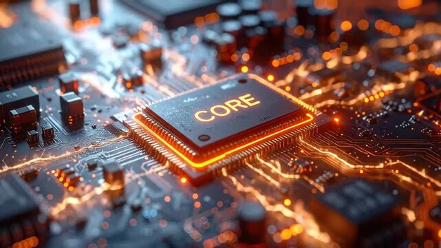A glowing central processing unit on a complex electronic circuit board
