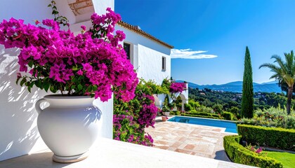 Fototapeta premium Vibrant magenta flowers adorn a pristine white villa overlooking a scenic coastal vista