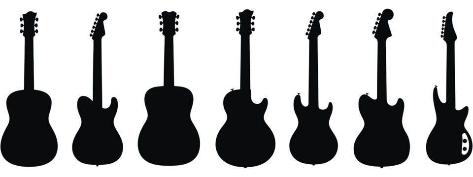 Musical Guitar icon collection, Acoustic and Electric Guitar silhouettes in clean vector style for Music symbols, Entertainment and Band Branding design.