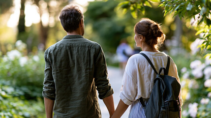 Obraz premium A European couple viewed from behind walks softly through a bright sunny park in soft daylight park walk faceless back view bright outdoors daylight workspace soft path