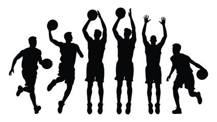 Basketball players silhouette group showcases various dribbling and shooting poses during a match. © Sadaf