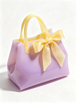 pearlescent lavender-pale yellow gradient glossy ceramic gift tote bags with matching satin bow ornament, clean solid pure white minimalist studio background, soft diffused natural shadow, wedding fav