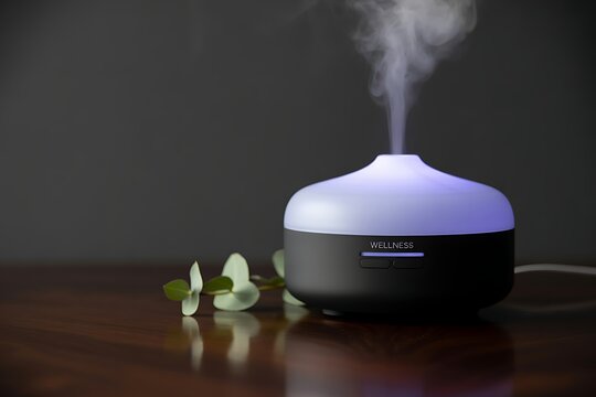 Essential oil diffuser with steam and blue light on wooden table