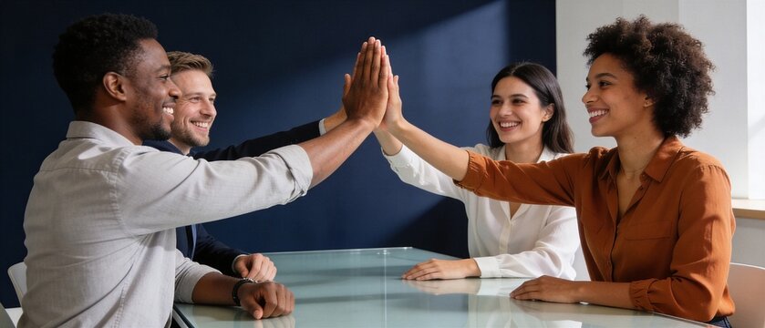 Diverse business team celebrating project success with high five in modern office meeting room