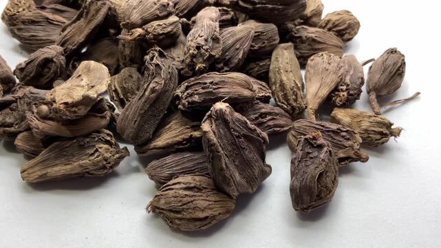 Pile of Dried Black Cardamom Pods, Whole black cardamom (Amomum subulatum) seed pods, an aromatic Indian spice.herbal medicine, traditional Indian seasoning, and healthy food photography.