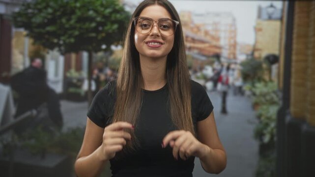 Young hispanic woman wearing glasses and a black top adjusts her glasses and tucks hair behind her ears while smiling on a pedestrian street with shops and planters; casual happy.