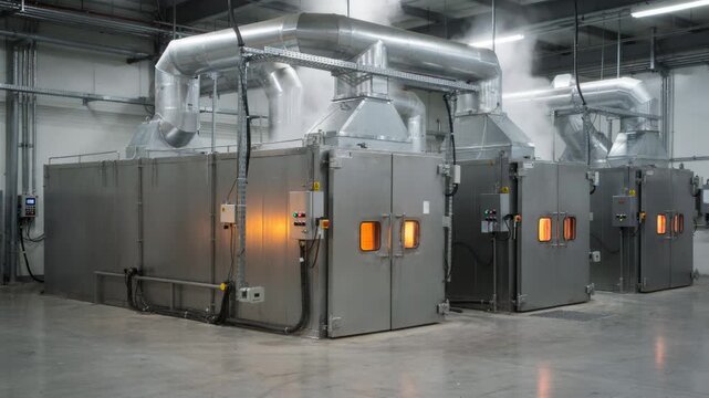 Industrial curing ovens in a factory setting with medium framing highlighting ventilation ducts controlling heat and humidity during the curing process